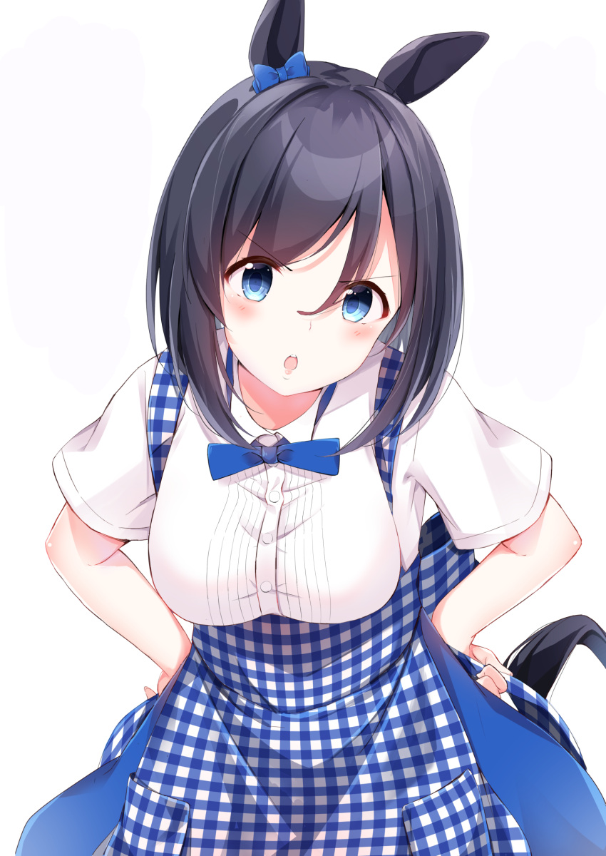 1girl absurdres animal_ears apron black_hair blue_apron blue_bow blue_bowtie blue_eyes bob_cut bow bowtie commentary_request dress_shirt eishin_flash_(umamusume) employee_uniform gingham gingham_apron hands_on_hips high-waist_skirt highres horse_ears horse_girl horse_tail kobeya kobeya_uniform leaning_forward looking_at_viewer pleated_shirt scrunchie shirt short_hair simple_background skirt solo tail tktk135 umamusume uniform white_background white_scrunchie white_shirt