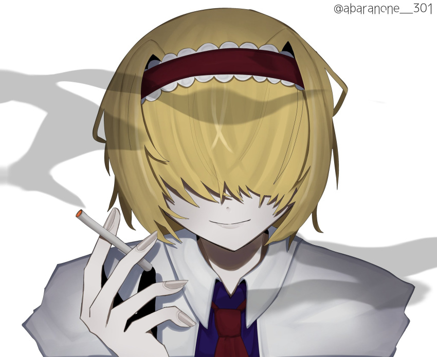 1girl abarabone_301 alice_margatroid bangs blonde_hair blue_dress capelet cigarette closed_mouth collared_capelet commentary cookie_(touhou) dress fingernails frilled_hairband frills grey_nails hair_between_eyes hair_intakes hair_over_eyes hairband highres holding holding_cigarette jigen_(cookie) necktie portrait red_hairband red_necktie short_hair simple_background smile smoking solo touhou white_background white_capelet