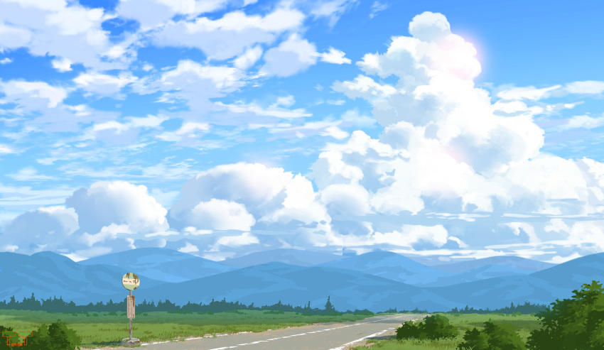 absurdres blue_sky bush clouds cumulonimbus_cloud day grass highres mountain no_humans original road road_sign rural scenery sign sky sumassha_t_t summer sun tree