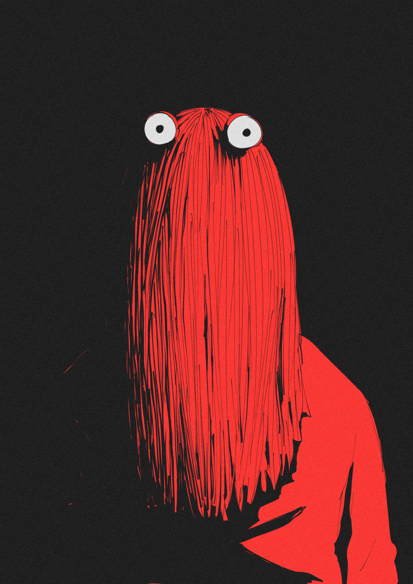 1boy absurdres black_background bodysuit commentary don't_hug_me_i'm_scared english_commentary gingrjoke highres horror_(theme) long_hair looking_at_viewer red_bodysuit red_guy_(dhmis) redhead simple_background solo upper_body