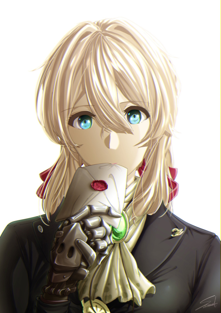 1girl bangs black_jacket blonde_hair blue_eyes hair_between_eyes hair_ribbon highres holding holding_letter jacket letter long_hair looking_at_viewer prosthetic_hand red_ribbon ribbon signature simple_background solo sooma4869 upper_body violet_evergarden violet_evergarden_(series) white_background