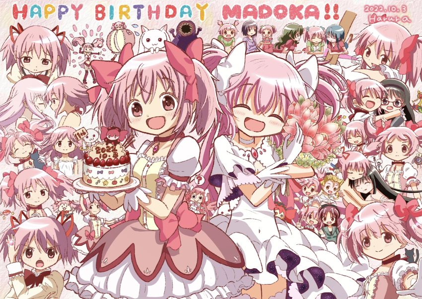 6+girls akemi_homura artist_name black_hair blue_hair bow closed_eyes closed_mouth commentary goddess_madoka green_hair hair_bow happy_birthday highres juliet_sleeves kaname_madoka kyubey long_hair long_sleeves magical_girl mahou_shoujo_madoka_magica miki_sayaka mitakihara_school_uniform multiple_girls open_mouth pink_hair puffy_sleeves redhead sakura_kyouko school_uniform shizuki_hitomi short_hair short_twintails smile tomoe_mami twintails white_bow yae_harura