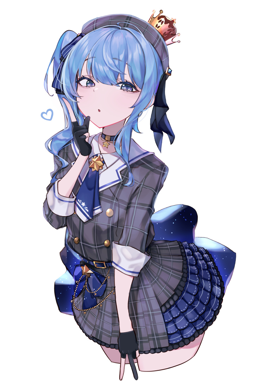 1girl absurdres ascot belt beret blue_eyes blue_hair choker crown dress gloves hat highres hololive hoshimachi_suisei looking_at_viewer medium_hair mini_crown ohpe parted_lips partially_fingerless_gloves plaid plaid_dress side_ponytail simple_background solo star_(symbol) star_in_eye symbol_in_eye v virtual_youtuber white_background