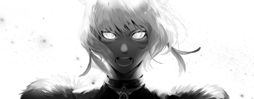 1girl black_choker brooch choker commentary facial_mark feather_hair_ornament feathers final_fantasy final_fantasy_xiv fur_trim glowing glowing_eyes greyscale hair_ornament highres jewelry looking_at_viewer miqo'te mixed-language_commentary monochrome open_mouth portrait serious short_hair sia_2dductility simple_background solo straight-on v-shaped_eyebrows white_background wind y'shtola_rhul