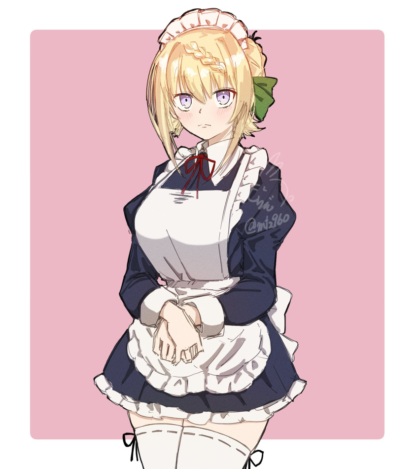 1girl alternate_costume apron black_dress blonde_hair blush border closed_mouth cowboy_shot dress enmaided hair_between_eyes highres juliet_sleeves kantai_collection long_sleeves maid maid_headdress mochizou perth_(kancolle) puffy_sleeves short_hair signature solo thigh-highs twitter_username violet_eyes white_apron white_border white_thighhighs