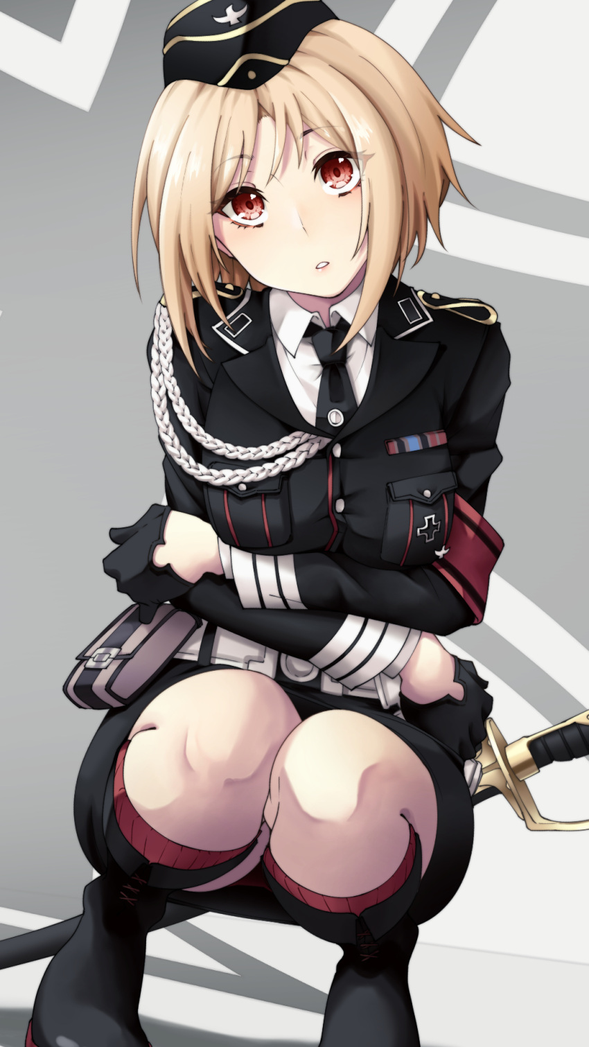 1girl belt belt_buckle belt_pouch black_footwear black_gloves black_headwear black_necktie black_skirt blonde_hair breasts buckle collared_shirt full_body girls_frontline gloves hat highres kneeling large_breasts long_sleeves mp40_(girls'_frontline) nakiusagi necktie pouch red_eyes red_socks shirt short_hair simple_background skirt socks solo sword uniform weapon white_shirt