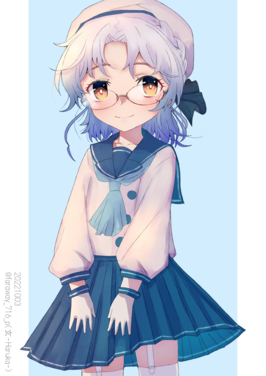 1girl blue_bow blue_neckerchief blue_ribbon blue_sailor_collar blue_skirt bow brown_eyes buttons dated garter_straps glasses gloves grey_hair haruka_faraway716 hat highres hirato_(kancolle) kantai_collection long_sleeves neckerchief one-hour_drawing_challenge pleated_skirt ribbon sailor_collar school_uniform serafuku short_hair skirt solo thigh-highs twitter_username wavy_hair white_background white_gloves white_thighhighs