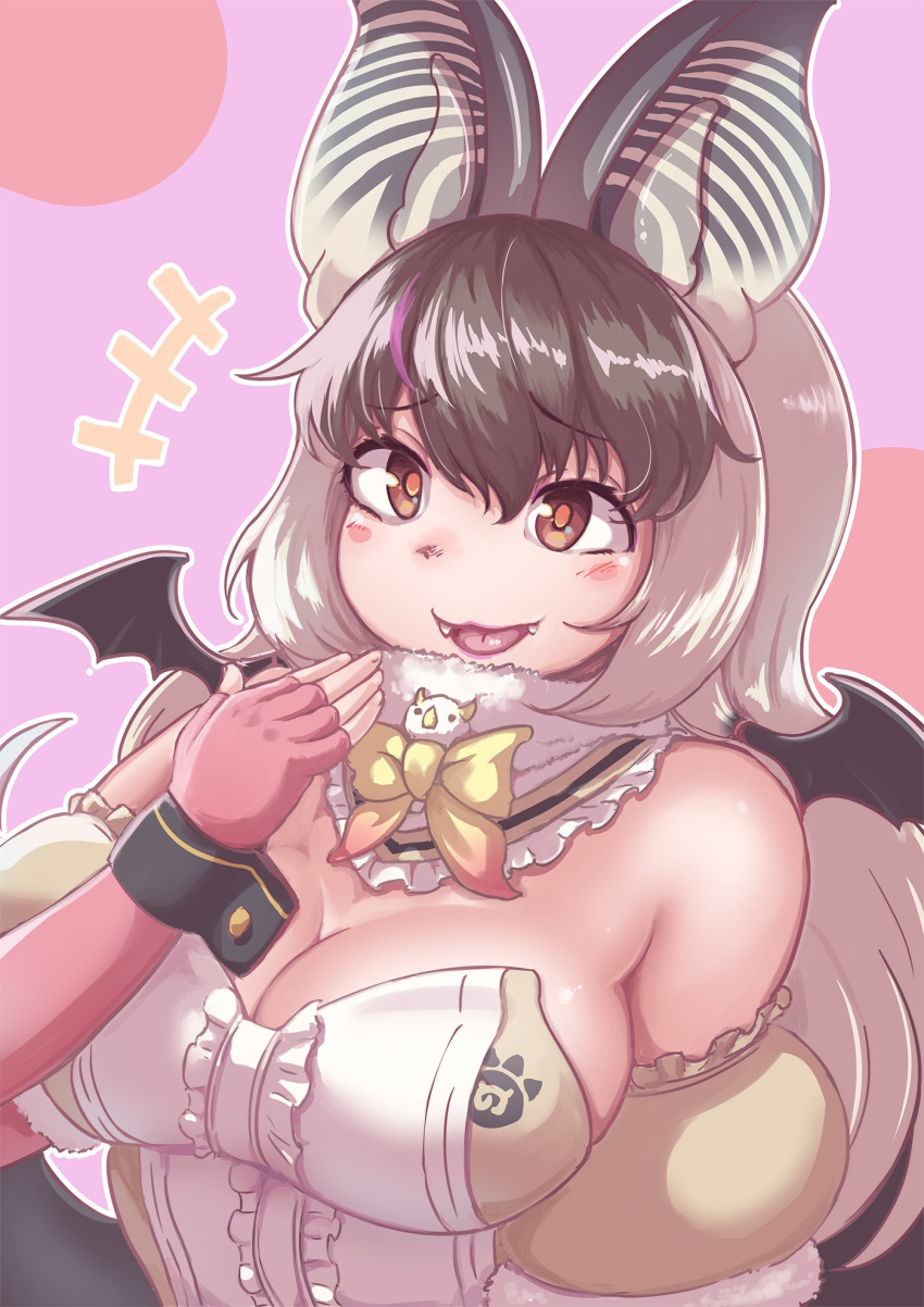 1girl animal_costume animal_ears bat_wings bow bowtie breasts brown_eyes brown_hair brown_long-eared_bat_(kemono_friends) elbow_gloves extra_ears fingerless_gloves gloves grey_hair highres kemono_friends kemono_friends_v_project large_breasts leotard long_hair looking_at_viewer multicolored_hair okyao open_mouth scarf simple_background smile solo virtual_youtuber wings