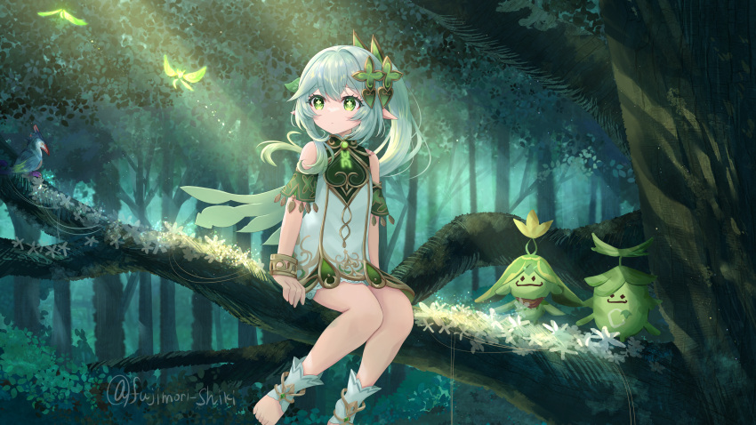 1girl aranara_(genshin_impact) arm_support armlet artist_name bangs bird bracelet cape closed_mouth commentary_request cross-shaped_pupils crystalfly_(genshin_impact) dress floating_hair flower foot_out_of_frame forest fujimori_shiki genshin_impact green_eyes hair_between_eyes hair_ornament highres in_tree jewelry leaf_hair_ornament light_rays long_hair looking_to_the_side nahida_(genshin_impact) nature outdoors petite pointy_ears side_ponytail sitting sitting_in_tree sleeveless sleeveless_dress toes tree twitter_username white_dress white_flower white_footwear white_hair
