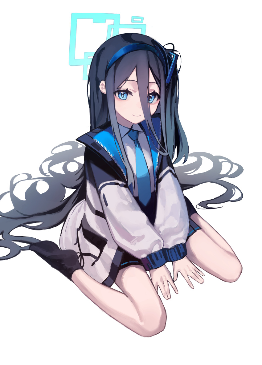 1girl absurdly_long_hair absurdres arisu_(blue_archive) between_legs black_socks blue_archive blue_eyes blue_hair blue_hairband blue_necktie dark_blue_hair full_body hair_between_eyes hairband halo hand_between_legs highres jacket long_hair looking_at_viewer multicolored_clothes multicolored_jacket necktie one_side_up pleated_skirt shirt sitting skirt socks solo very_long_hair wariza white_shirt yoon_cook