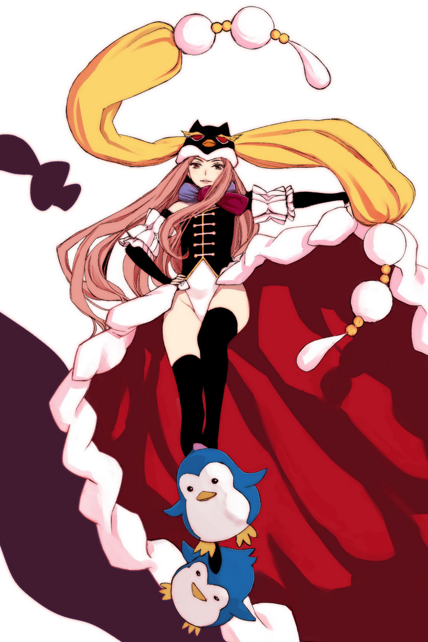 1girl absurdres animal_hat bird brown_eyes detached_sleeves hand_on_hip hat highleg highres long_hair looking_at_viewer mawaru_penguindrum penguin penguin_hat pink_hair princess_of_the_crystal showgirl_skirt smirk takano_masayuki