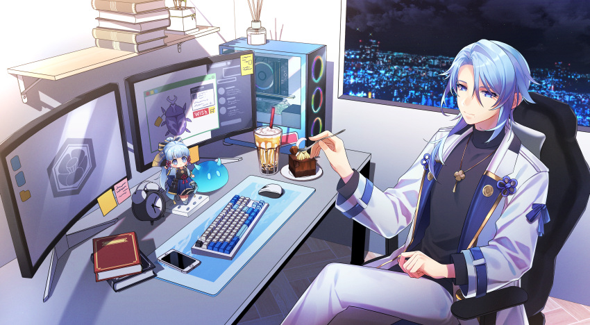 1boy absurdres bangs black_shirt black_sweater blue_eyes blue_hair book cellphone chair character_doll clock closed_mouth computer cpu desk fork genshin_impact glasses hair_between_eyes highres holding holding_fork hwaen iphone jacket kamisato_ayaka kamisato_ayato keyboard_(computer) long_sleeves looking_at_viewer looking_outside male_focus mole mole_under_mouth monitor mouse night night_sky pants phone shirt short_hair sitting sky slime_(genshin_impact) smartphone smile sweater table white_jacket white_pants