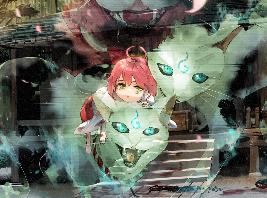 1girl 35p_(sakura_miko) aged_down ahoge blood box cat donation_box fangs funi_mu9 green_eyes highres hololive japanese_clothes miko redhead riding sakura_miko shrine solo spirit stairs tears virtual_youtuber