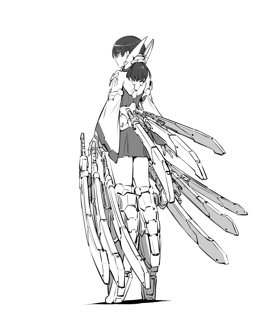 1girl absurdres dagger from_behind greyscale hair_behind_ear highres ishiyumi japanese_clothes kimono knife looking_ahead mecha_musume medium_hair metal_boots monochrome original science_fiction shadow sheath sheathed skirt solo standing sword weapon white_background