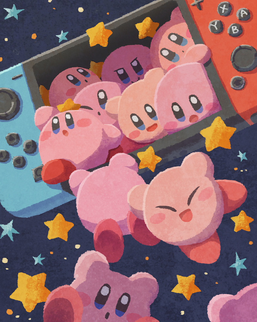 blue_background closed_eyes falling game_console handheld_game_console highres kirby kirby_(series) miclot midair multiple_others nintendo_switch no_humans open_mouth star_(symbol) too_many