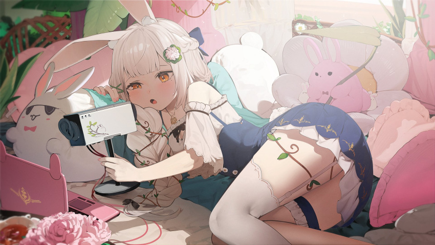 1girl :o animal_ears bangs blue_dress blunt_bangs character_request computer copyright_request detached_sleeves dress flower frills garter_straps hair_flower hair_ornament half-closed_eye highres hiiragi_mikoto holding holding_microphone laptop lying medium_hair microphone mole mole_under_eye on_side pillow pink_flower pink_rose plant rabbit_ears rose solo stuffed_animal stuffed_bunny stuffed_toy thigh-highs thighs vines white_hair white_sleeves white_thighhighs yellow_eyes