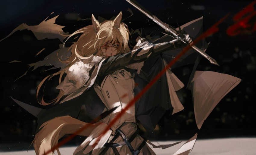 1girl animal_ear_fluff animal_ears arknights armor blemishine_(arknights) blood blood_on_face cape commentary_request dynamic_pose facing_viewer fur-trimmed_armor holding holding_sword holding_weapon horse_ears horse_girl horse_tail kingdom_of_kazimierz_logo looking_at_viewer nosebleed one_eye_closed plate_armor simpleattack sword tail weapon