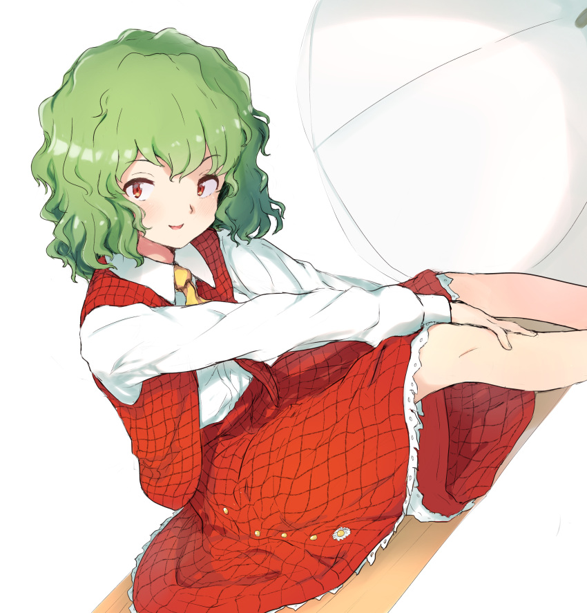 1girl absurdres aged_down ascot child commentary female_child green_hair highres kazami_yuuka long_sleeves looking_at_viewer medium_hair plaid plaid_skirt plaid_vest red_eyes red_skirt red_vest ripu_(lipi) shirt simple_background sitting skirt solo touhou umbrella vest wavy_hair white_background white_shirt white_umbrella yellow_ascot
