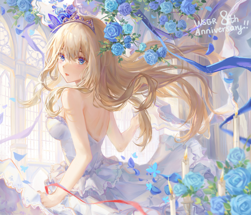 1girl absurdres blonde_hair blue_eyes blue_flower breasts candle dress feather_hair_ornament feathers ffg-571 flower hair_ornament highres lexington_(warship_girls_r) long_hair medium_breasts solo strapless strapless_dress tiara very_long_hair warship_girls_r white_dress