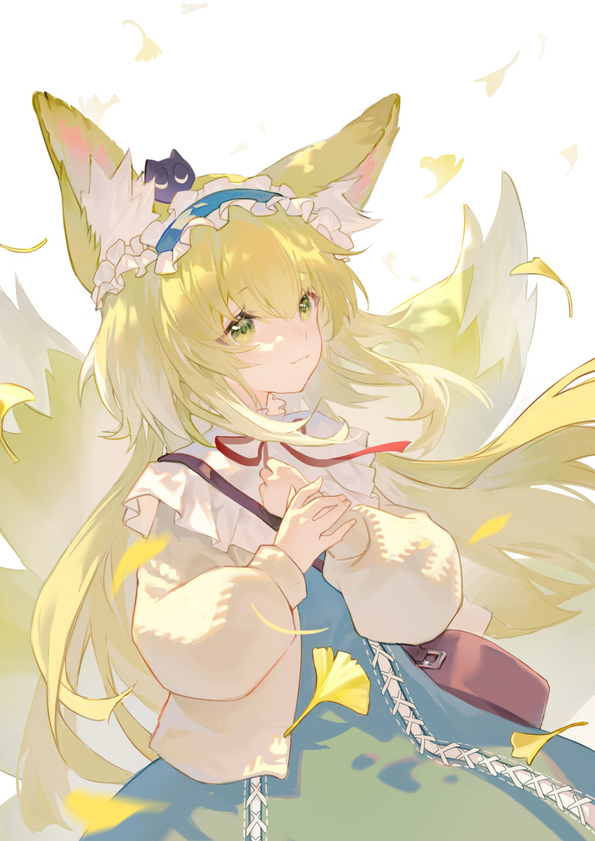 absurdres animal_ear_fluff animal_ears arknights bag blonde_hair blue_dress blue_hairband brown_bag cardigan cowboy_shot dress fox_ears fox_girl fox_tail green_eyes hairband hands_up heixiu highres kitsune long_sleeves multiple_tails neck official_alternate_costume open_cardigan open_clothes red_ribbon ribbon satchel shoulder_bag simple_background smile softkittywarmkitty suzuran_(arknights) suzuran_(spring_praise)_(arknights) tail the_legend_of_luo_xiaohei white_background yellow_cardigan