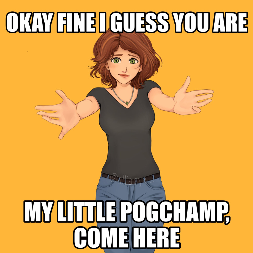 1:1_aspect_ratio 1girl aunt belt big_hero_6 blush breasts brown_hair cass_hamada denim disney english_subtitles english_text green_eyes highres jeans jewelry large_breasts looking_at_viewer meme my_little_pogchamp_(meme) necklace older_female outstretched_arms pale-skinned_female pale_skin pants short_hair simple_background solo subtitled thighs wide_hips