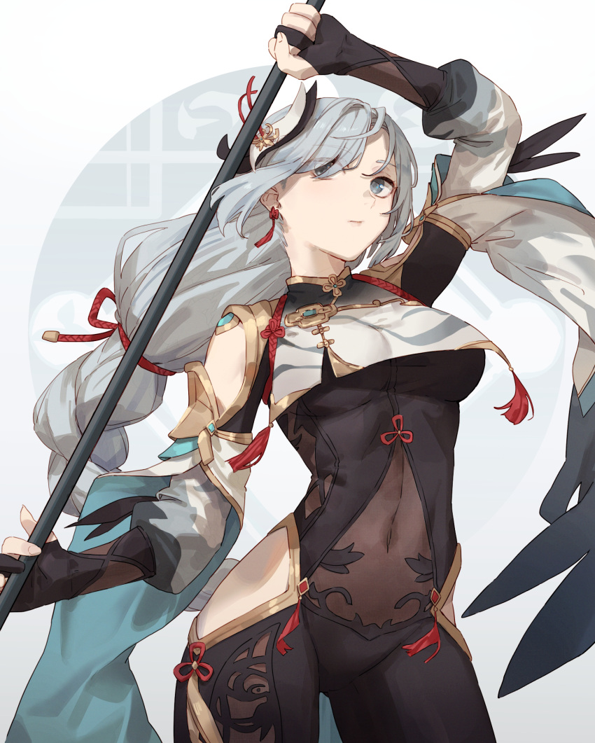1girl arm_up bangs black_bodysuit black_gloves bodysuit braid braided_ponytail breast_curtain breasts clothing_cutout contrapposto covered_navel earrings eyes_visible_through_hair flower_knot genshin_impact gloves grey_eyes hair_ornament hair_over_one_eye highres hip_vent holding holding_polearm holding_weapon jewelry long_hair long_sleeves looking_at_viewer medium_breasts meme partially_fingerless_gloves polearm puffy_long_sleeves puffy_sleeves shenhe_(genshin_impact) shoulder_cutout simple_background single_braid solo swept_bangs tassel tassel_earrings tesin_(7aehyun) thighs weapon white_background white_hair