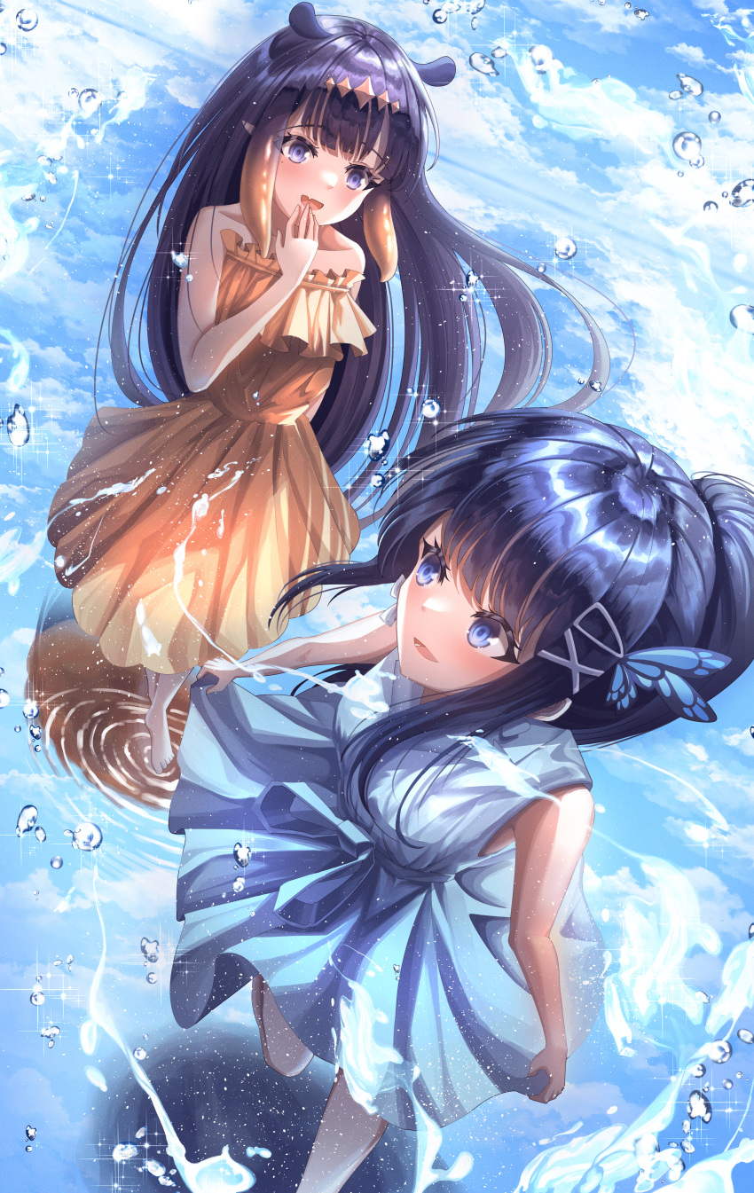 2girls absurdres aoi_nabi bare_shoulders barefoot blue_dress blue_eyes blue_hair butterfly_hair_ornament dress hair_ornament hairclip highres hololive hololive_english indie_virtual_youtuber layer_(artist) mole mole_under_eye multiple_girls ninomae_ina'nis open_mouth orange_dress pointy_ears ponytail purple_hair sidelocks smile strapless strapless_dress summer tentacle_hair violet_eyes virtual_youtuber water
