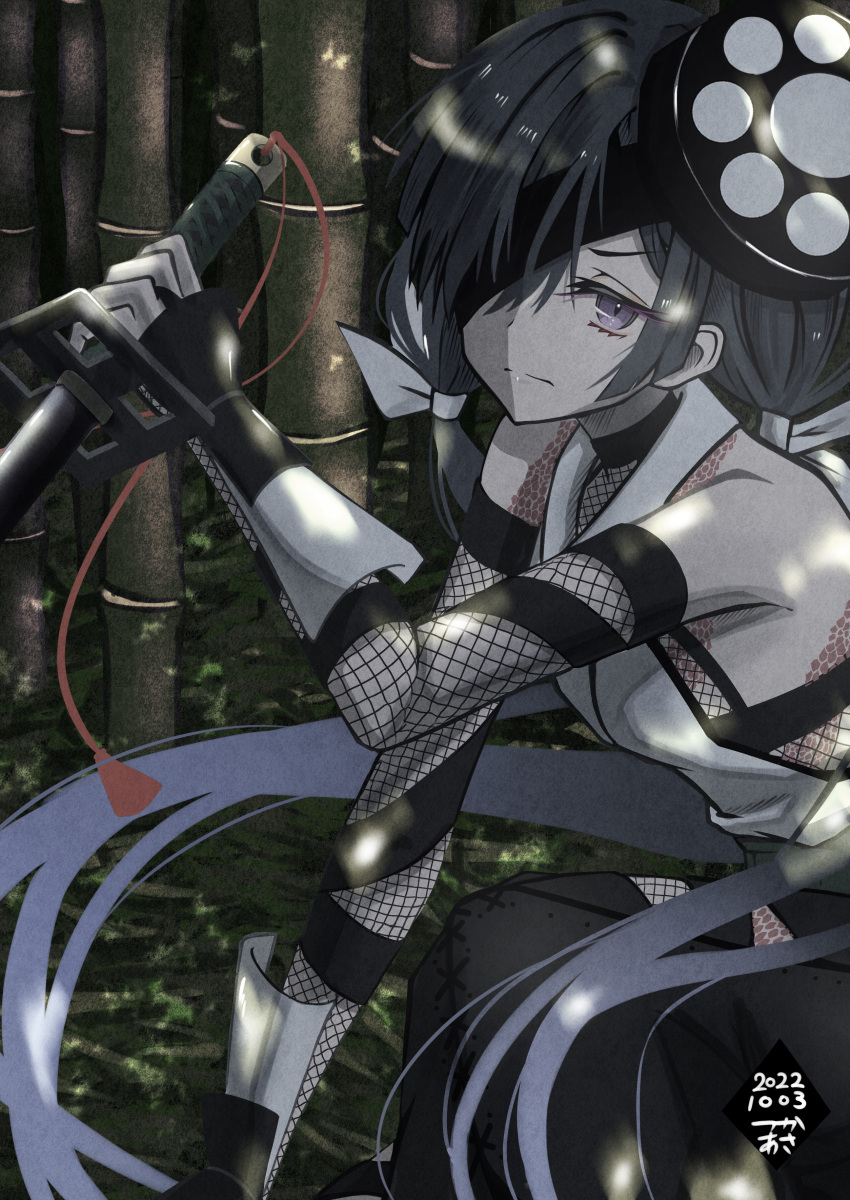 1girl absurdres bamboo bamboo_forest black_hair dated eyepatch fate/grand_order fate_(series) fishnet_sleeves forest highres low_twintails mochizuki_chiyome_(fate) nature ninjatou reverse_grip short_sword signature sword tattoo tsukaasa twintails violet_eyes weapon