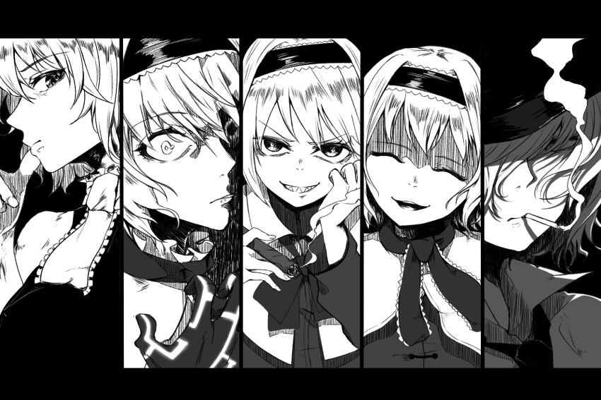 5girls alice_margatroid balenciaguy bangs bois_de_justice bow bowtie capelet cigar cigarette closed_eyes closed_mouth column_lineup commentary_request constricted_pupils cookie_(touhou) dies_irae expressionless frilled_hairband frilled_necktie frills greyscale grin hair_between_eyes hairband hat hinase_(cookie) holding holding_cigar ichigo_(cookie) jigen_(cookie) looking_at_viewer monochrome multiple_girls neckerchief necktie open_mouth sakuranbou_(cookie) shaded_face sharp_teeth shinza_bansho_series short_hair smile smoking taisa_(cookie) teeth touhou upper_body