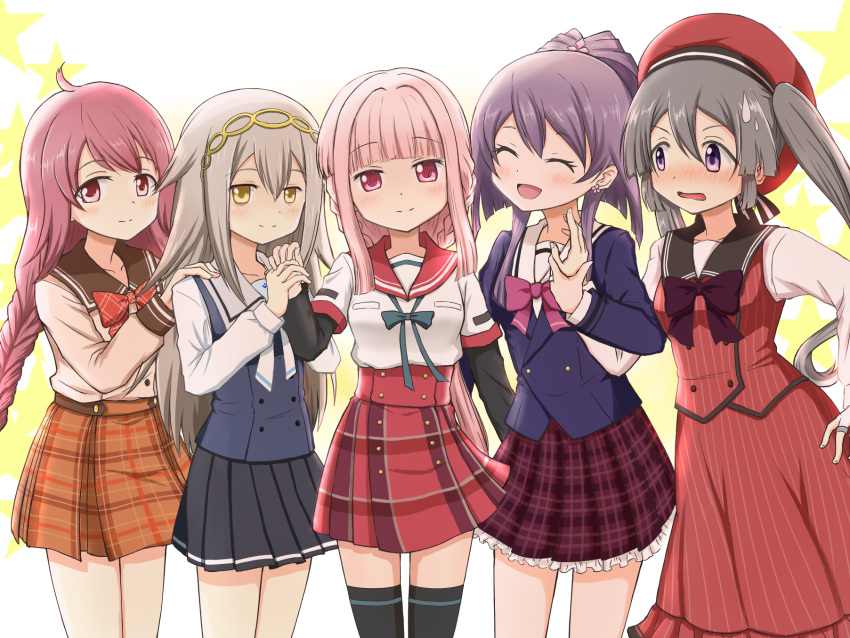 5girls :d ahoge aika_himena aqua_ribbon arm_at_side backlighting bangs beret black_skirt black_thighhighs blazer blue_vest blunt_bangs blunt_ends blush bow bowtie braid breast_pocket buttons closed_eyes closed_mouth dot_nose dress earrings embarrassed frilled_skirt frills gilcrows grey_hair hair_between_eyes half_updo hand_on_another's_shoulder hand_on_hip hat highres himuro_rabi holding_hands iwakiriyama_high_school_uniform jacket jewelry kamihama_future_academy_school_uniform kamihama_university_affiliated_school_uniform kureha_yuna long_dress long_hair long_sleeves looking_at_another looking_at_viewer low_ponytail low_twin_braids magia_record:_mahou_shoujo_madoka_magica_gaiden mahou_shoujo_madoka_magica miniskirt multiple_girls neck_ribbon open_mouth orange_skirt pink_bow pink_bowtie pink_eyes pink_hair pink_shirt pink_skirt pinstripe_dress pinstripe_pattern plaid plaid_bow plaid_bowtie plaid_skirt pleated_skirt pocket purple_bow purple_bowtie purple_hair purple_jacket red_bow red_bowtie red_headwear red_sailor_collar red_skirt red_vest ribbon sailor_collar sailor_shirt school_uniform serafuku shirt short_hair_with_long_locks side_braids sidelocks skirt sleeve_cuffs smile spiky_hair split_mouth striped striped_dress swept_bangs tamaki_iroha thigh-highs tokime_shizuka torayamachi_academy_school_uniform twin_braids twintails vertical-striped_dress vertical_stripes very_long_hair vest violet_eyes wavy_mouth white_ribbon white_shirt wing_collar yellow_background zettai_ryouiki