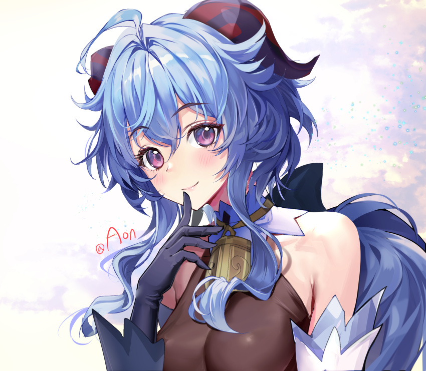 1girl a_(sofi3103) ahoge artist_name bangs bare_shoulders bell black_gloves blue_hair blush breasts detached_sleeves finger_to_mouth ganyu_(genshin_impact) genshin_impact gloves highres horns long_hair looking_at_viewer medium_breasts neck_bell shiny shiny_clothes sidelocks smile solo upper_body violet_eyes white_sleeves