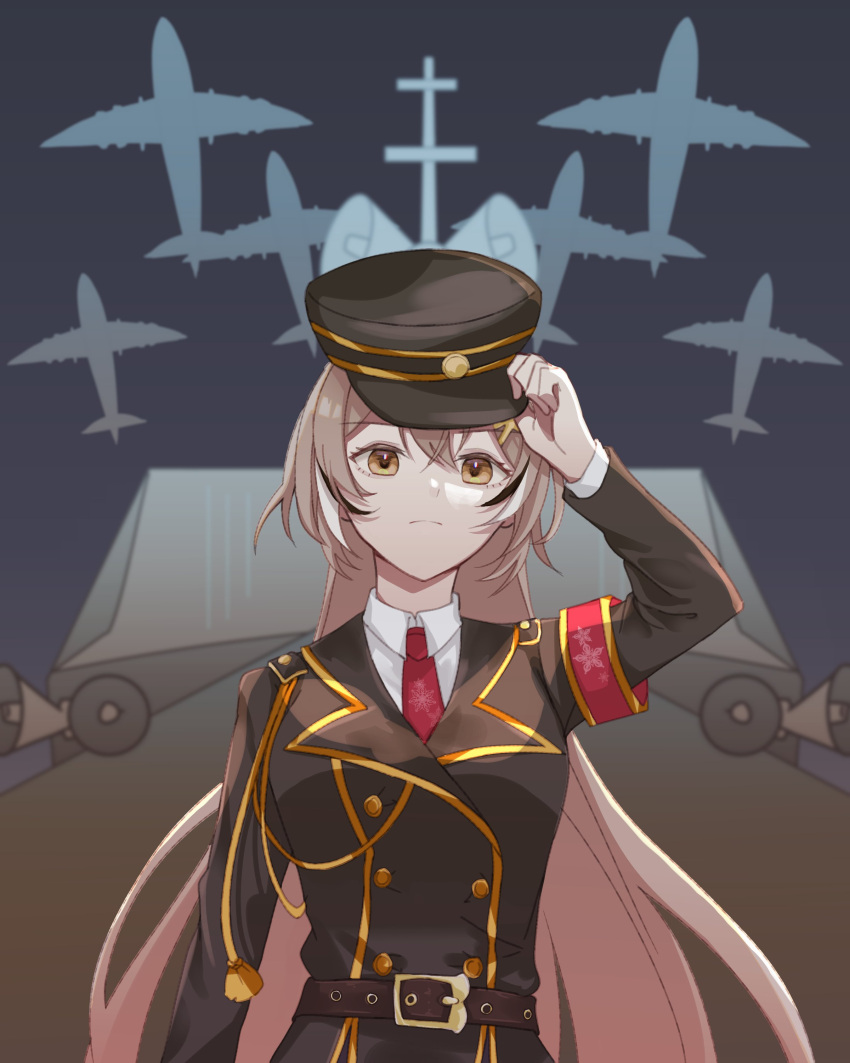1girl absurdres aircraft airplane alternate_costume bangs belt brown_eyes brown_hair frown fuyu_(yukikofuyu) hair_ornament hairclip hand_on_headwear hat highres hololive hololive_english long_hair looking_at_viewer megaphone military military_hat military_jacket military_uniform multicolored_hair nanashi_mumei necktie red_armband red_necktie silhouette streaked_hair uniform very_long_hair virtual_youtuber