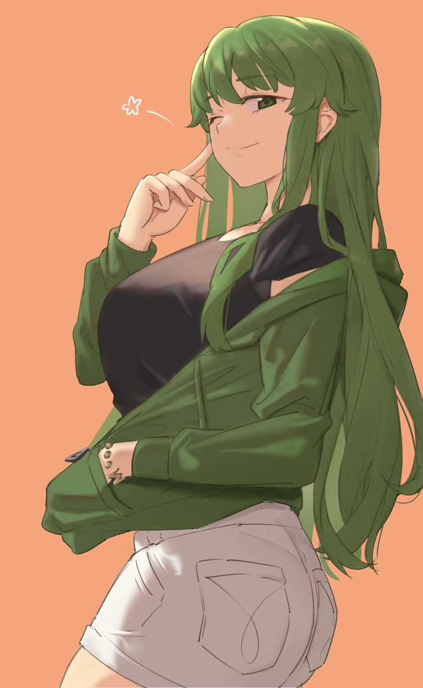 1girl bangs black_shirt bracelet breasts denim ebinku finger_to_cheek fire_emblem fire_emblem:_shadow_dragon from_side green_eyes green_hair green_hoodie half-closed_eyes hand_in_pocket highres hood hoodie jeans jewelry long_hair looking_at_viewer medium_breasts one_eye_closed palla_(fire_emblem) pants shirt shorts smile solo white_shorts