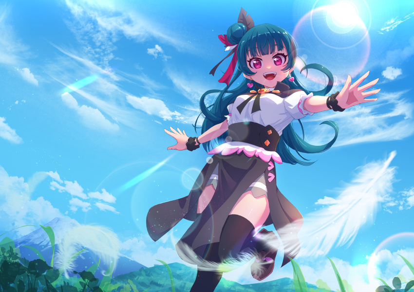1girl :d absurdres bangs black_skirt black_thighhighs blouse blue_hair blunt_bangs breasts commentary dark_blue_hair day earrings eyelashes falling_feathers feather_hair_ornament feathers genjitsu_no_yohane grey_skirt hair_bun hair_ornament heart heart_earrings high-waist_skirt highres jewelry layered_skirt lens_flare looking_at_viewer love_live! love_live!_sunshine!! medium_breasts medium_skirt outdoors outstretched_arms pink_eyes puffy_short_sleeves puffy_sleeves senkun shirt short_sleeves side_slit sidelighting single_side_bun skirt smile solo sun teeth thigh-highs tongue tsushima_yoshiko upper_teeth white_shirt