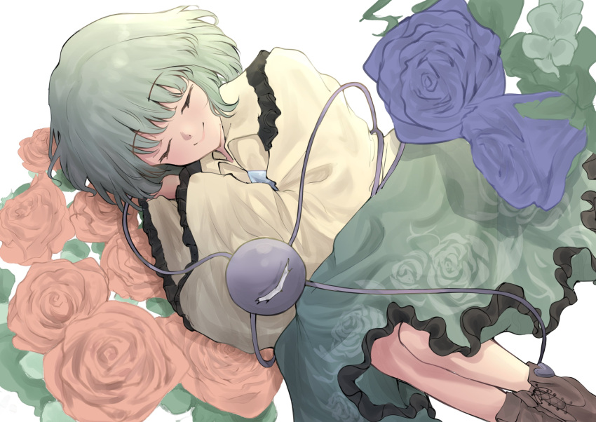 1girl absurdres blue_flower blue_rose brown_footwear closed_eyes closed_mouth floral_print flower green_hair green_skirt highres koishi_day komeiji_koishi long_sleeves mouryou_(chimimouryou) no_headwear pink_flower pink_rose rose rose_print shirt short_hair simple_background skirt smile solo third_eye touhou white_background wide_sleeves yellow_shirt