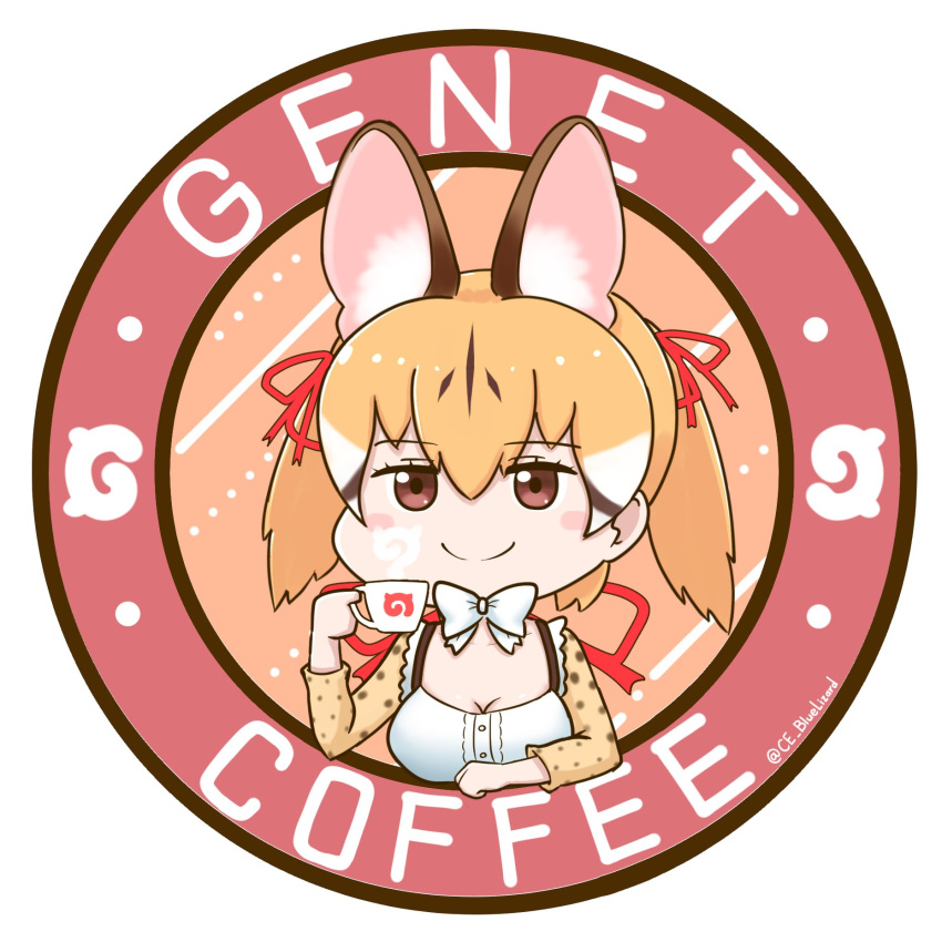 1girl animal_costume animal_ear_fluff animal_ears bow bowtie brown_eyes brown_hair cat_ears cat_girl ce_bluelizard closed_mouth coffee coffee_mug cup extra_ears hair_ribbon highres holding holding_cup japari_symbol kemono_friends kemono_friends_v_project large-spotted_genet_(kemono_friends) long_hair looking_at_viewer mug multicolored_hair parody red_ribbon ribbon romaji_commentary round_image shirt simple_background smile solo split_mouth suspenders twintails twitter_username virtual_youtuber