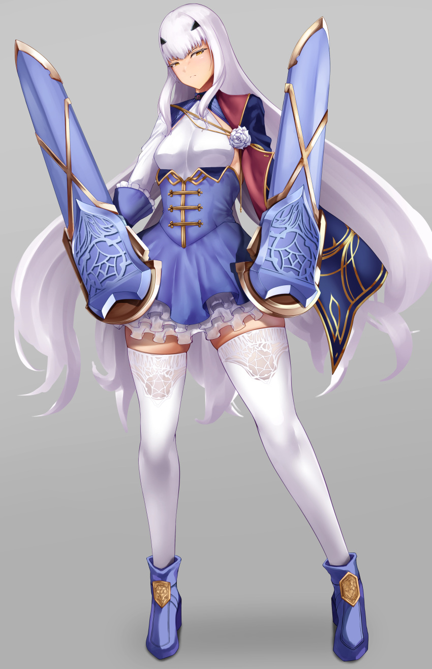 1girl absurdres blue_footwear blue_shirt blue_skirt blush breasts colored_eyelashes fairy_knight_lancelot_(fate) fate/grand_order fate_(series) frilled_skirt frills frown gauntlets gold_trim grey_background highres long_hair shirt sirosoil skirt small_breasts solo white_hair yellow_eyes