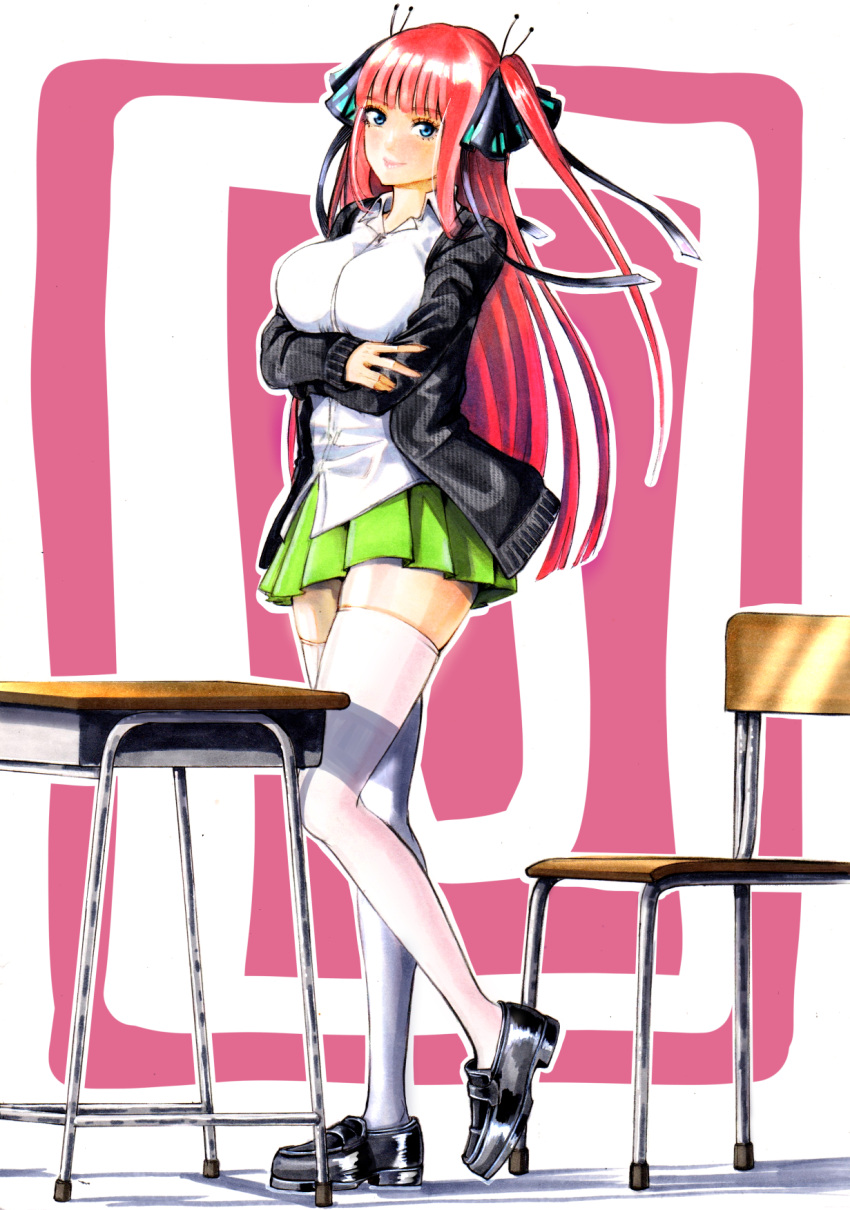 1girl arms_under_breasts bangs black_cardigan black_footwear black_ribbon blue_eyes blunt_bangs blush breasts butterfly_hair_ornament cardigan chair desk go-toubun_no_hanayome green_skirt hair_ornament highres large_breasts loafers looking_at_viewer nakano_nino open_cardigan open_clothes pink_hair ribbon sayamiya school_chair school_desk school_uniform shirt shoes simple_background skirt sleeves_past_wrists smile thick_thighs thigh-highs thighs twintails white_shirt white_thighhighs zettai_ryouiki