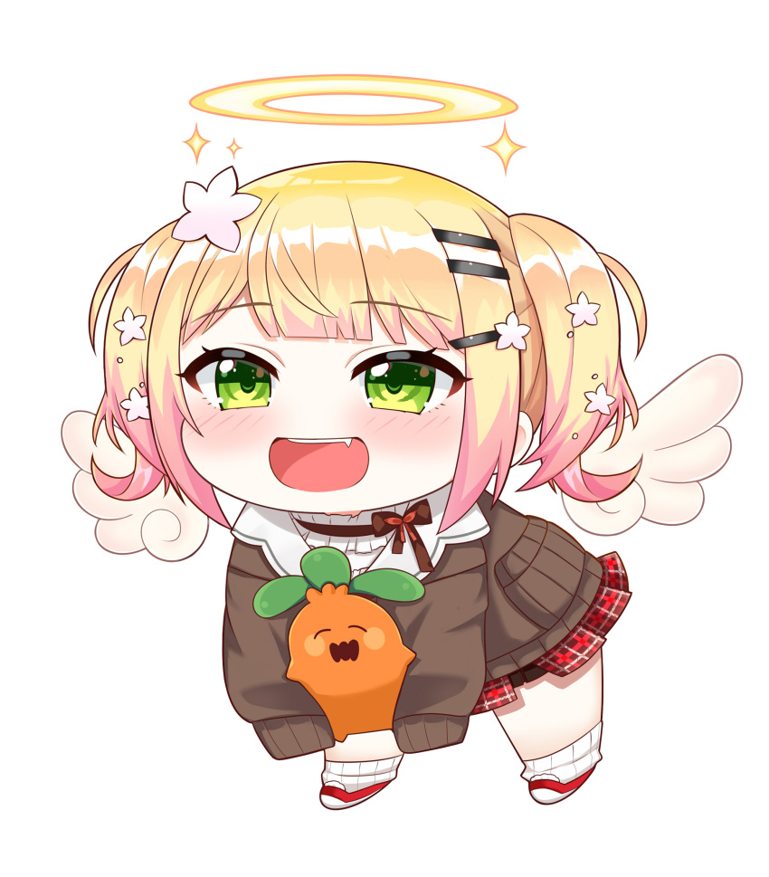 aksk_(kuma_akasaka) angel angel_wings blonde_hair brown_cardigan cardigan chibi flower gradient_hair green_eyes hair_flower hair_ornament hairclip halo highres hololive long_hair momosuzu_nene multicolored_hair nekko_(momosuzu_nene) pink_hair plaid plaid_skirt pleated_skirt red_skirt skirt twintails virtual_youtuber wings