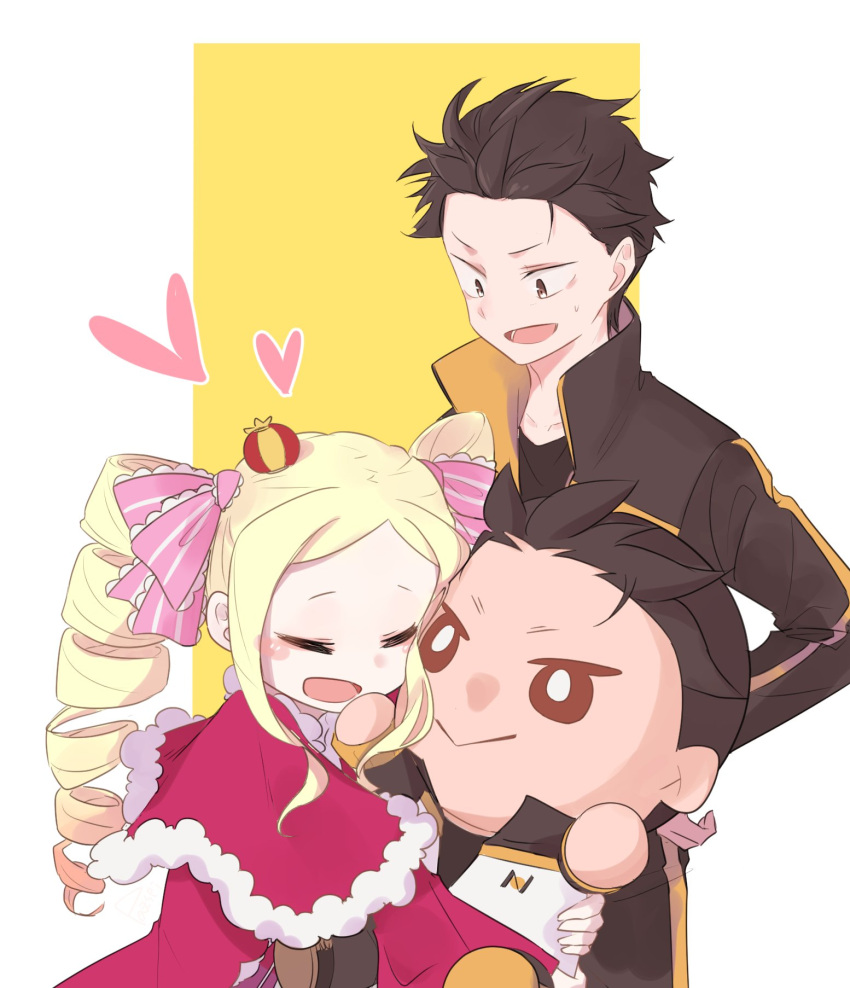 1boy 1girl beatrice_(re:zero) black_hair blonde_hair character_doll closed_eyes cowboy_shot doll dress drill_hair hair_ribbon heart highres holding holding_doll long_hair natsuki_subaru open_mouth pazspi re:zero_kara_hajimeru_isekai_seikatsu red_dress ribbon short_hair sidelocks simple_background standing track_suit twin_drills