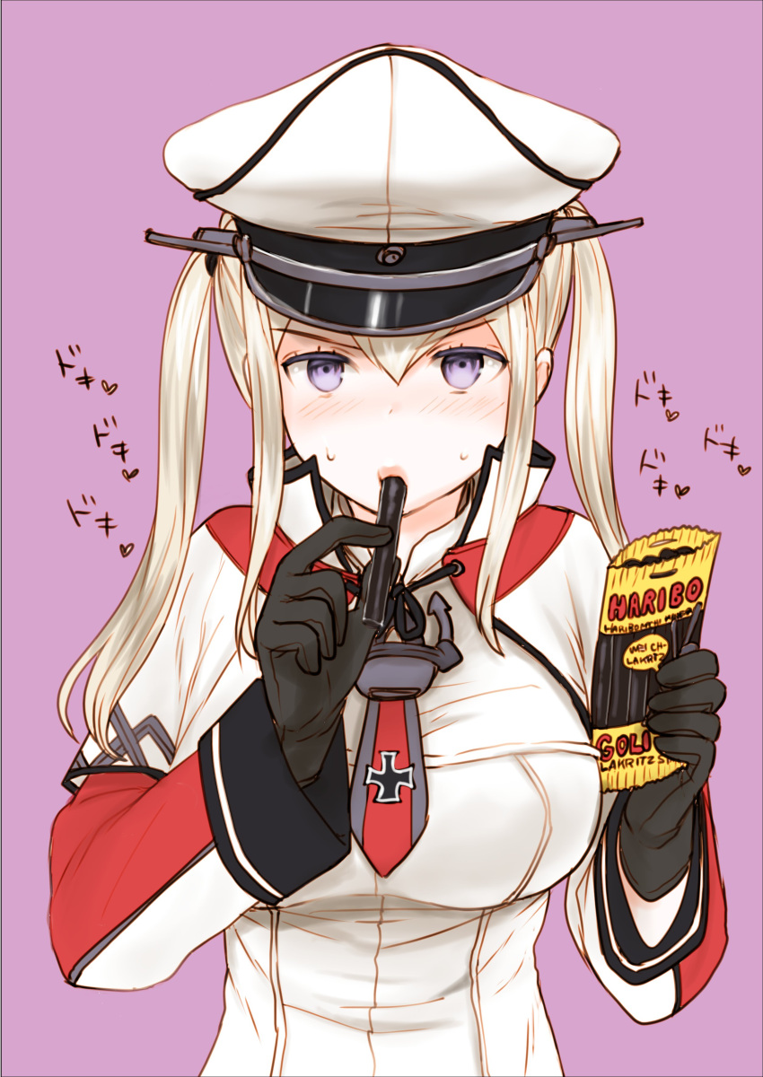 1girl absurdres black_gloves blonde_hair breasts capelet gloves graf_zeppelin_(kancolle) haribo hat highres kantai_collection kutouten large_breasts licorice_(food) military military_hat military_uniform sidelocks solo sweat twintails uniform upper_body violet_eyes