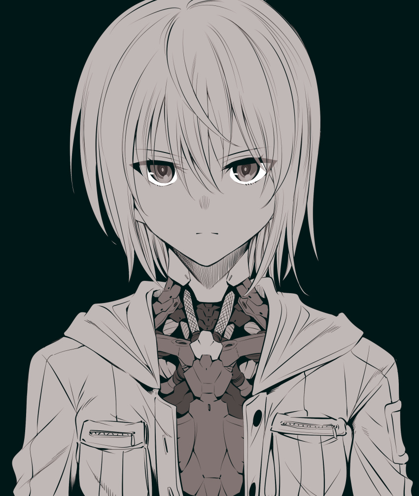 1girl absurdres android bangs black_background frown greyscale hair_between_eyes highres hood hooded_jacket ishiyumi jacket looking_at_viewer mechanical_buddy_universe mechanical_parts momdroid_(mechanical_buddy_universe) monochrome portrait science_fiction short_hair solo straight-on