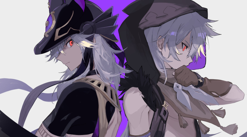 2boys animal_hat back-to-back bangs black_headwear brown_gloves c3t_gg closed_mouth commentary_request cyno_(genshin_impact) dark-skinned_male dark_skin egyptian_clothes genshin_impact gloves grey_hair hair_between_eyes hair_over_one_eye hat highres hood hood_up long_hair male_focus multiple_boys partially_fingerless_gloves razor_(genshin_impact) red_eyes simple_background tassel upper_body