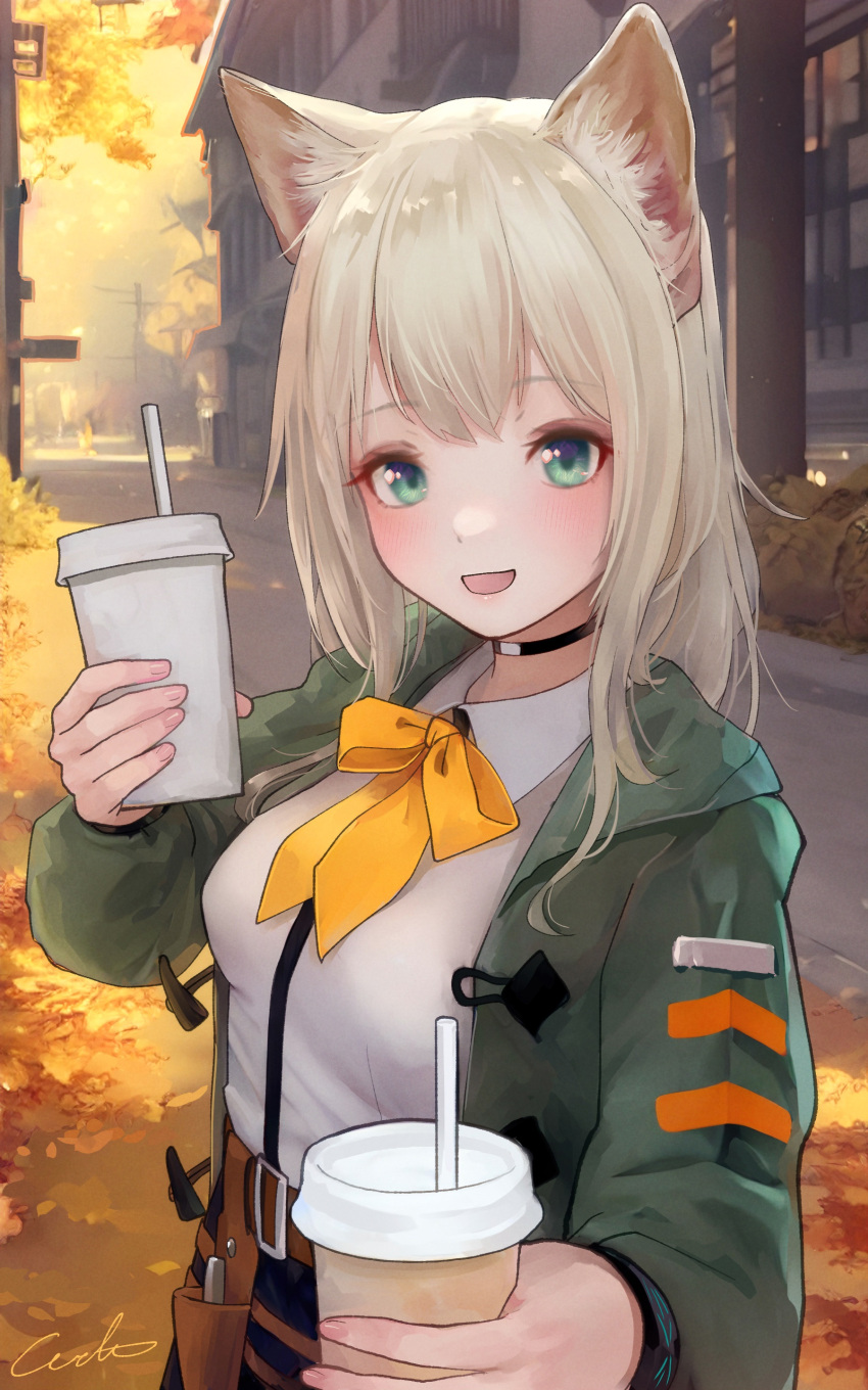 1girl :d absurdres animal_ears arknights autumn autumn_leaves black_bracelet black_choker black_skirt blush breasts building choker collared_shirt cup disposable_cup dog_ears dog_girl drinking_straw green_eyes green_jacket highres holding holding_cup incoming_drink infection_monitor_(arknights) jacket long_hair long_sleeves neckerchief open_mouth outdoors podenco_(arknights) shirt skirt small_breasts smile solo upper_body welt_(kinsei_koutenkyoku) white_shirt yellow_neckerchief