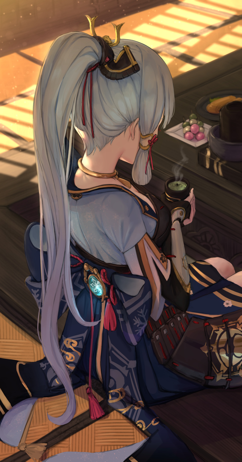 1girl armor armored_dress black_gloves blue_jacket blunt_tresses cup dango dappled_sunlight dou drink facing_away fingerless_gloves food from_behind genshin_impact gloves hair_ribbon highres holding holding_cup holding_drink indoors ippers jacket japanese_armor japanese_clothes kamisato_ayaka kusazuri long_hair nape neck_tassel ponytail red_ribbon ribbon sitting solo stream sunlight table tassel tea tress_ribbon vision_(genshin_impact) wagashi white_hair
