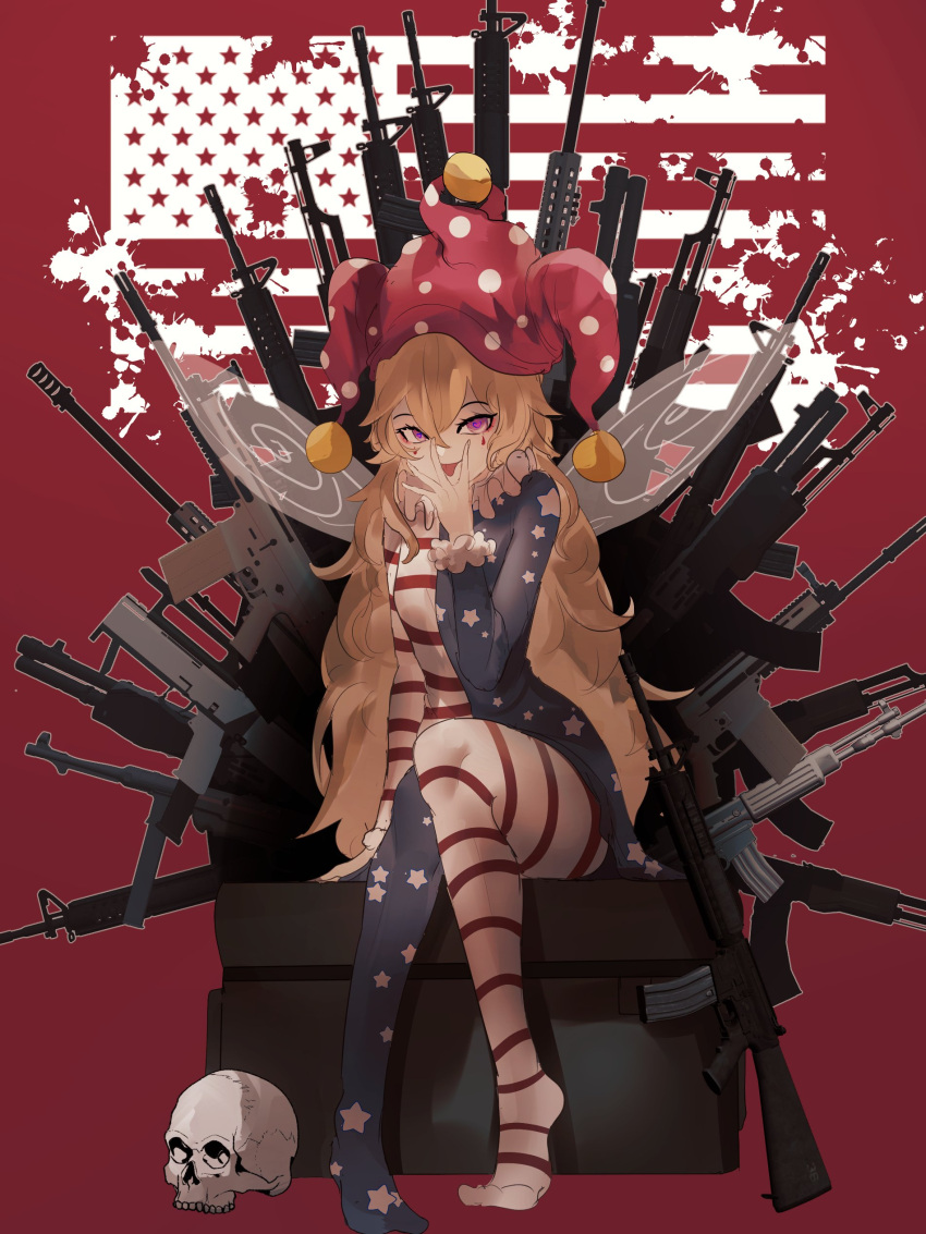 1girl absurdres ak-47 american_flag american_flag_dress american_flag_legwear american_flag_shirt assault_rifle blonde_hair clownpiece dress fairy fairy_wings frilled_shirt_collar frills gun hat highres jester_cap kalashnikov_rifle leggings long_hair m16 mp40 naufaldreamer neck_ruff pants pantyhose pink_eyes polka_dot red_background rifle shotgun skull solo spas-12 splatter splatter_background splatter_print star_(symbol) star_print striped striped_dress submachine_gun teardrop_tattoo tongue tongue_out touhou transparent_wings weapon wings