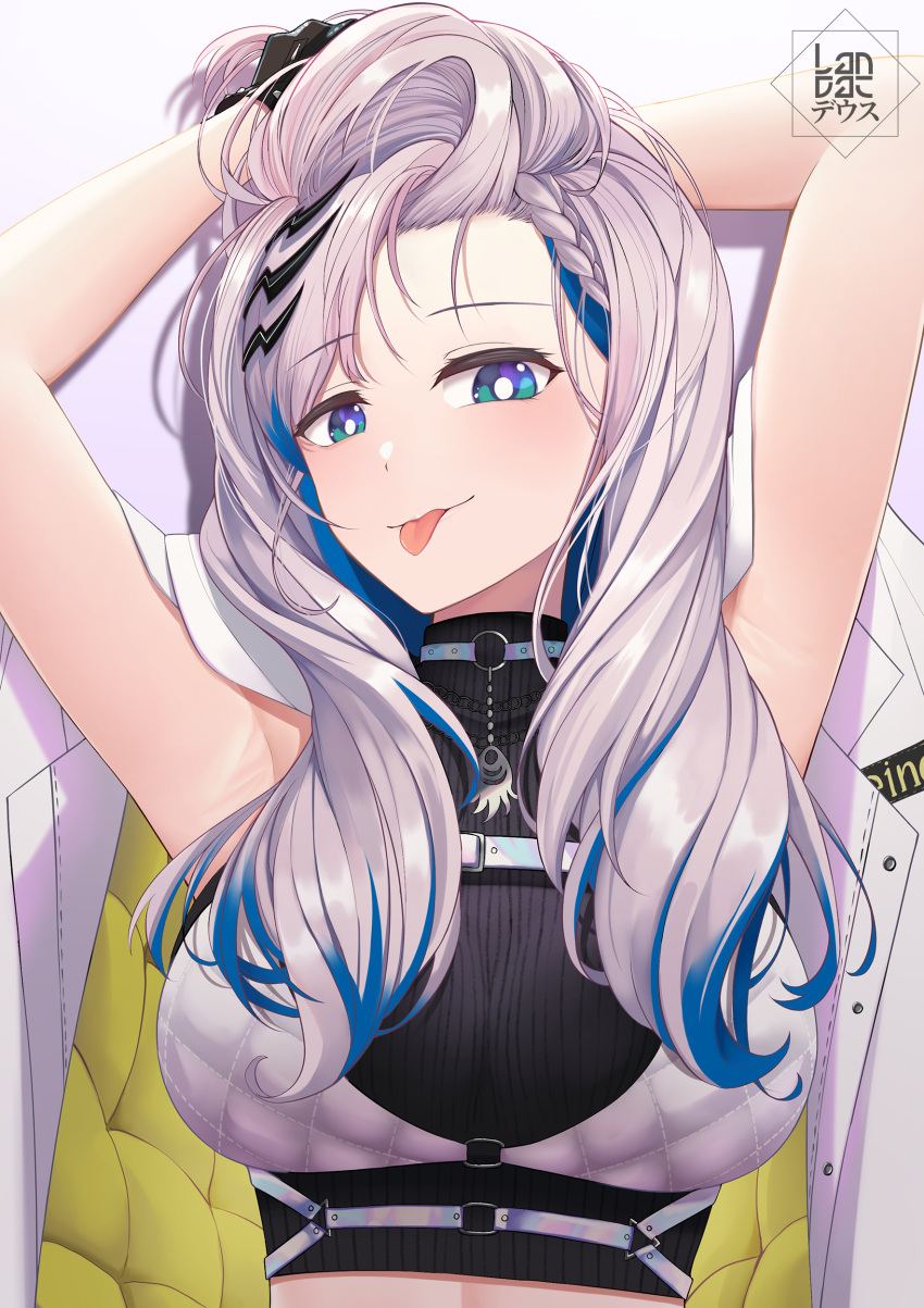 1girl :p absurdres aqua_eyes armpits arms_up black_gloves blue_hair braid breasts colored_inner_hair crop_top french_braid gloves grey_hair hair_ornament hairclip highres hololive hololive_indonesia jacket jacket_on_shoulders landacdeus large_breasts looking_at_viewer multicolored_hair pavolia_reine shirt sleeveless sleeveless_shirt solo streaked_hair tongue tongue_out upper_body virtual_youtuber