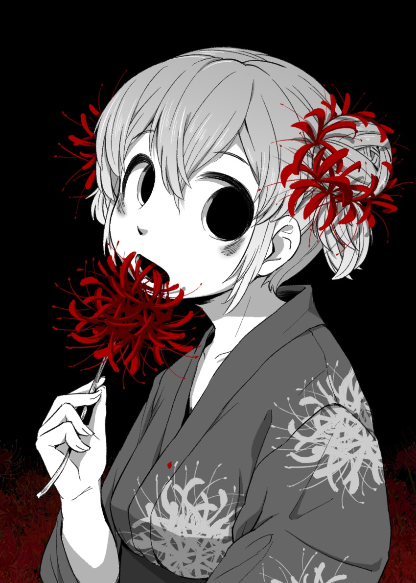 1girl 4shi bags_under_eyes black_background commentary_request dango-chan_(4shi) double_bun floral_print flower greyscale hair_bun hair_flower hair_ornament hand_up highres holding holding_flower hollow_eyes japanese_clothes kimono looking_at_viewer looking_to_the_side monochrome obi open_mouth original red_flower sash solo spider_lily spot_color upper_body yukata