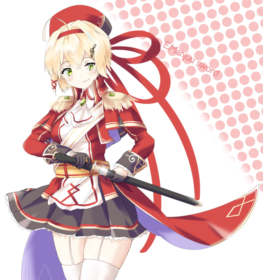1girl azur_lane black_gloves black_skirt blonde_hair breasts coat epaulettes gloves gold_trim green_eyes hair_ornament half_gloves highres long_sleeves miniskirt mumei_shumi red_coat red_headwear scabbard sheath sheathed simple_background skirt small_breasts solo southampton_(azur_lane) standing thigh-highs white_garter_straps white_thighhighs x_hair_ornament