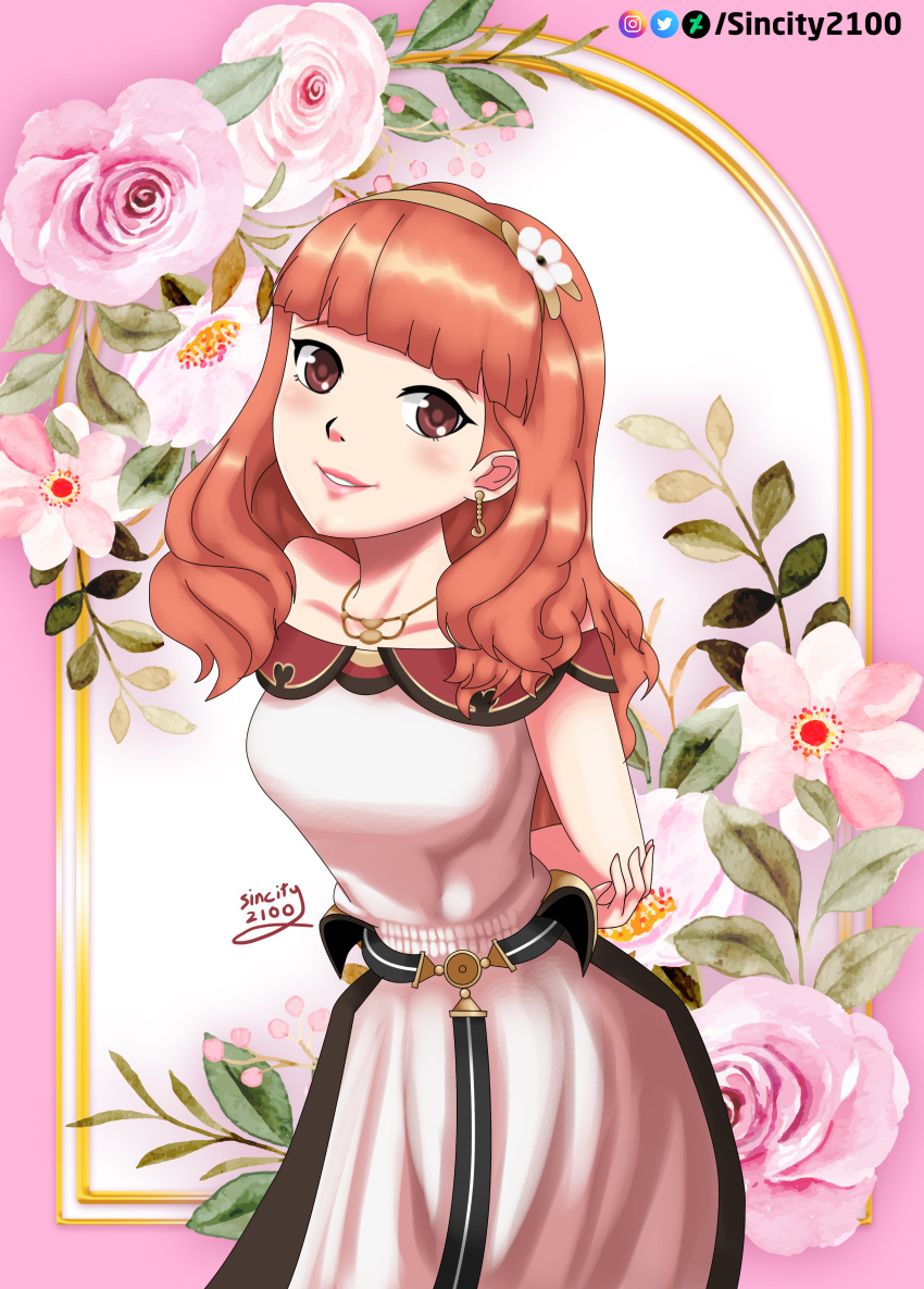 1girl alternate_costume arms_behind_back blush brown_eyes celica_(fire_emblem) cute deviantart_username earrings fire_emblem fire_emblem_echoes:_mou_hitori_no_eiyuuou fire_emblem_echoes:_shadows_of_valentia flower flower_knot flower_on_head happy long_hair looking_at_viewer necklace redhead rose sincity2100 sleeveless smile white_dress
